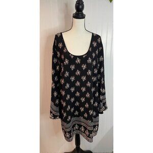 Womens XXL Black Floral Print Tunic Top With Bell Sleeves & Tie-Back Detail